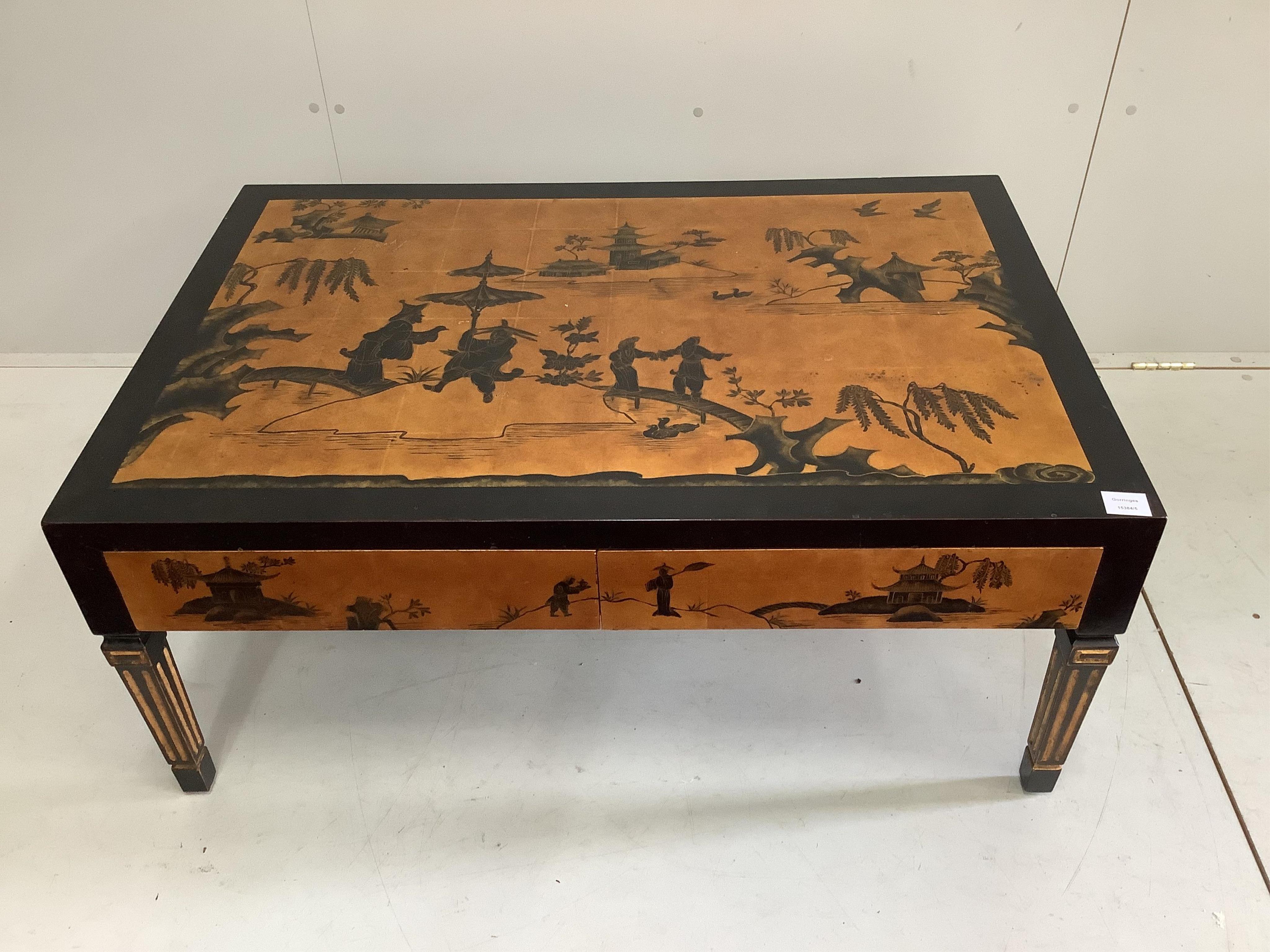 A reproduction rectangular chinoiserie four drawer coffee table, width 107cm, depth 71cm, height 46cm. Condition - fair